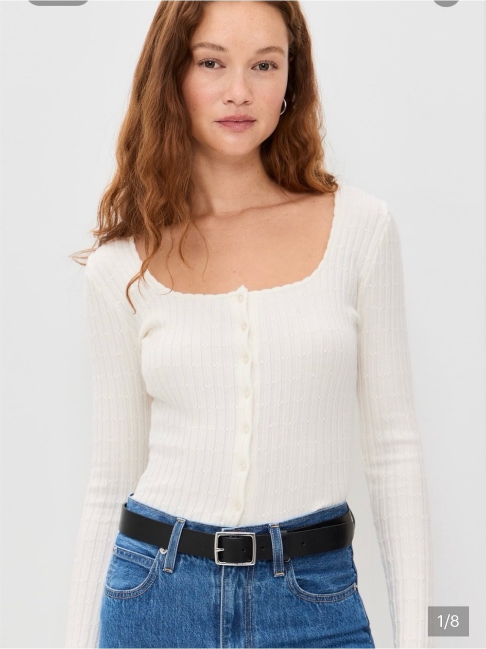 Z Supply Emilie Cream Button-Front Ribbed Square-Neck Sweater M